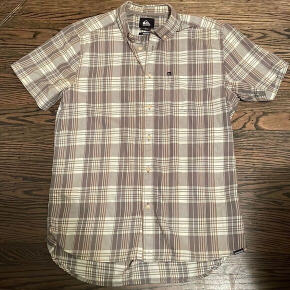 EUC! Quiksilver "Modern" Gray/Brown Plaid SS Button Down Shirt - Size Small - Picture 1 of 8